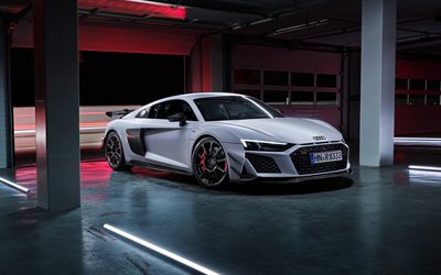 2023, Audi R8 Coupe V10 GT RWD, 4k, front view, exterior, gray Audi R8, Audi R8 tuning, German sports cars, Audi