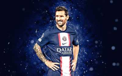 4k, Lionel Messi, smile, PSG, Ligue 1, blue neon lights, soccer, Paris Saint-Germain FC, Lionel Messi 4K, argentine football players, Paris Saint-Germain, Leo Messi, football, Lionel Messi PSG