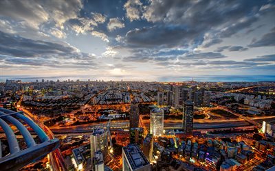 tel aviv, visualizza dall'alto, panorama, sera, tramonto, tel aviv cityscape, mar mediterraneo, israele