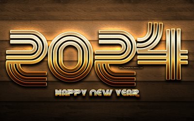 4k, 2024 feliz ano novo, dígitos de glitter dourado, 2024 conceitos, 2024 dígitos de ouro, decorações de natal, feliz ano novo 2024, criativo, 2024 fundo de madeira, 2024 anos