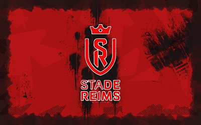 Stade de Reims grunge logo, 4k, Ligue 1, red grunge background, soccer, Stade de Reims emblem, football, Stade de Reims logo, french football club, Reims FC