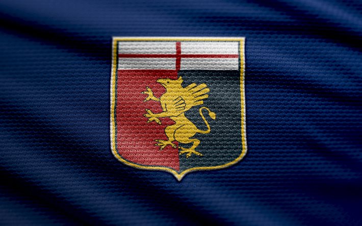 genoa fc fabric logo, 4k, sfondo in tessuto blu, serie a, bokeh, calcio, logo genoa fc, emblema genoa fc, genoa cfc, club di calcio italiano, genoa fc