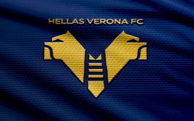 Hellas Verona FC fabric logo, 4k, violet fabric background, Serie A, bokeh, soccer, Hellas Verona FC logo, football, Hellas Verona FC emblem, Hellas Verona FC, Italian football club, Hellas Verona