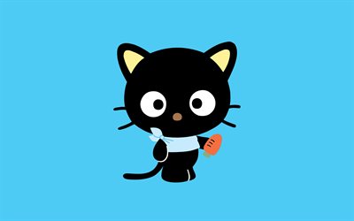 검은 고양이, 4k, 최소, 창의적인, 파란색 배경, 만화 고양이, 만화 동물, 애완 동물, 고양이 미니멀리즘
