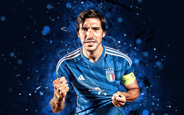 sandro tonali, 4k, blå neonljus, italien nationellt fotbollslag, fotboll, fotbollsspelare, blå abstrakt bakgrund, italiensk fotbollslag, sandro tonali 4k