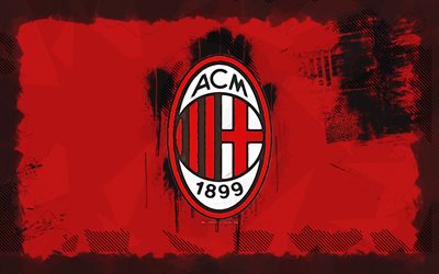 شعار milan grunge, 4k, دوري الدرجة الأولى, خلفية الجرونج الأحمر, كرة القدم, شعار ميلانو, نادي كرة القدم الإيطالي, ميلانو