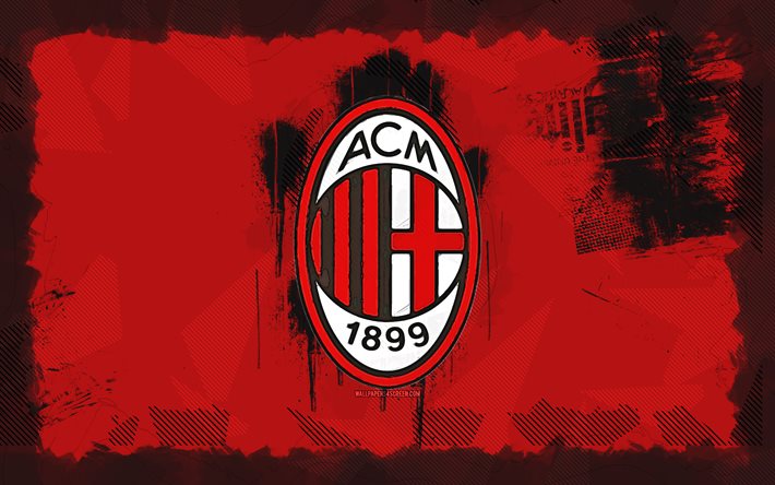 AC Milan grunge logo, 4k, Serie A, red grunge background, soccer, AC Milan emblem, football, AC Milan logo, Italian football club, Milan FC