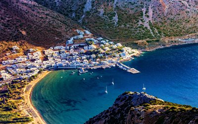 sifnos, 4k, ギリシャのランドマーク, 港, hdr, ギリシャ, ヨーロッパ, 海, 美しい自然, 空中ビュー