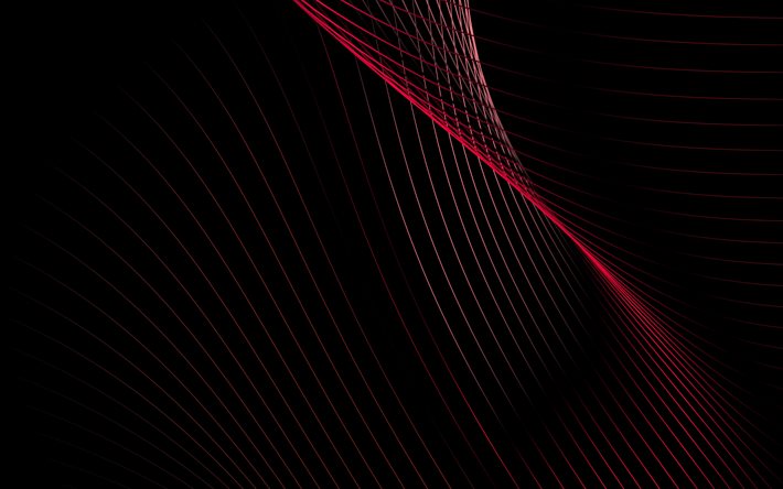 赤い抽象波, 黒い背景, 赤いフラクタル波, 波の背景, 行の背景, 抽象的な行