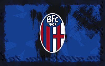 Bologna FC grunge logo, 4k, Serie A, blue grunge background, soccer, Bologna FC emblem, football, Bologna FC logo, Italian football club, Bologna FC 1909