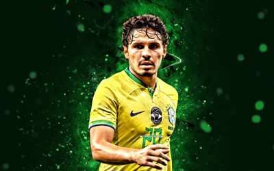 Raphael Veiga, 4k, green neon lights, Brazil National Team, soccer, footballers, green abstract background, Brazilian football team, Raphael Veiga 4K