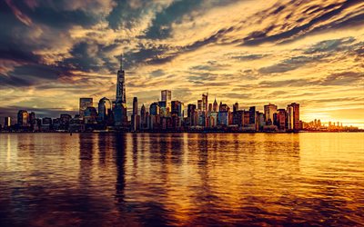 new york, manhattan, 1 world trade center, grattes ciels, coucher de soleil, soirée, bâtiments modernes, paysage urbain de new york, skyline de new york, etats unis