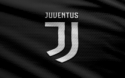 juventus fabric logo, 4k, schwarzer stoffhintergrund, serie a, bokeh, fußball, juventus logo, juventus emblem, juventus, italienischer fußballverein, juventus fc