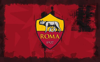 AS Roma grunge logo, 4k, Serie A, purple grunge background, soccer, AS Roma emblem, football, AS Roma logo, Italian football club, Roma FC