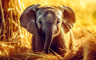petit éléphant, soirée, coucher de soleil, animaux mignons, éléphants, faune, afrique