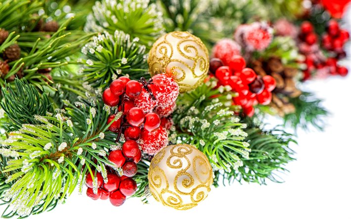 Árboles de navidad, bolas de Navidad, invierno, Año Nuevo