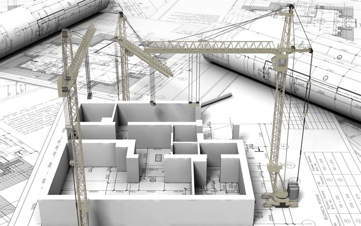 Bâtiment, concept 3d, des grues de construction, dessin, Architecture