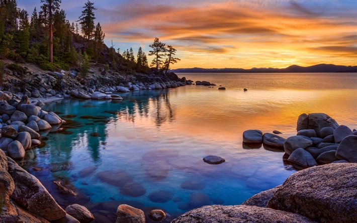 bay, lac, coucher de soleil, Californie, états-unis d'Amérique