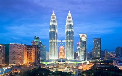 クアラルンプール, ペトロナスタワー, 夜, 高層ビル群, マレーシア