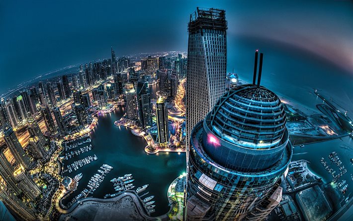 Dubai, HDR, paisaje nocturno, los rascacielos, los EMIRATOS árabes unidos