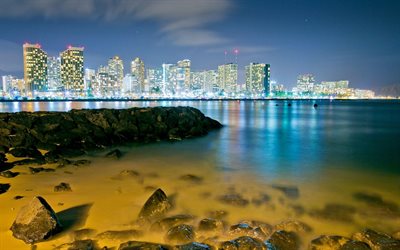Honolulu, noche, rascacielos, bahía, Hawaii, estados UNIDOS, América
