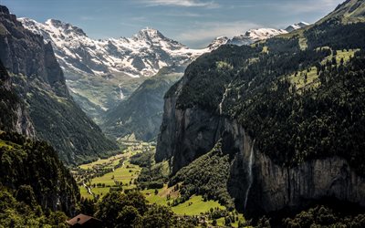 Wengen Canton Berne, summer, mountains, cliffs, waterfalls, Switzerland