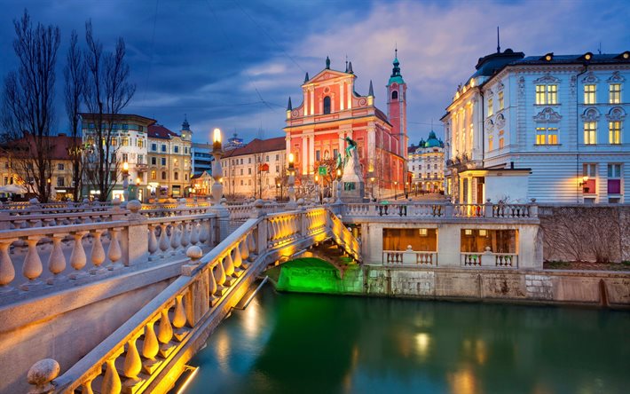 Ljubljana, Eslovenia, puente, río, noche