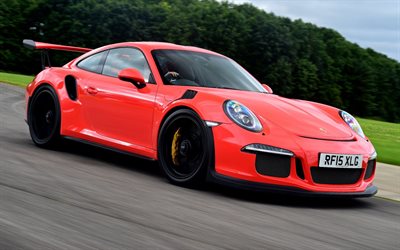 movimiento, supercars, 2015, el Porsche 911 GT3 RS, velocidad, carretera, Porsche rojo