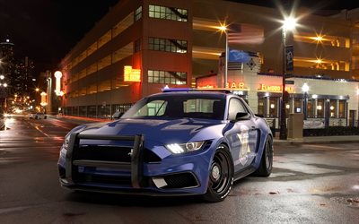 警察車, フォードマスタング, 2017, notchbackデザイン, 米国, 夜