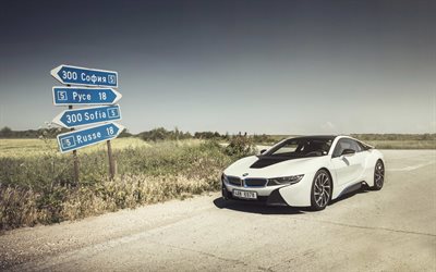 carretera, supercars, 2016, el BMW I8, coupe, BMW blanco
