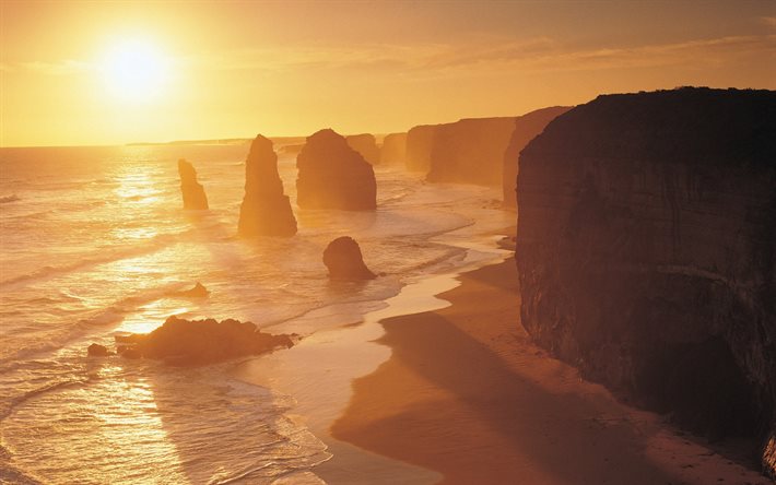 falésias, costa, pôr do sol, oceano, 12 apóstolos, austrália