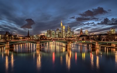 puente, noche, Frankfurt, Alemania, Frankfurt am Main