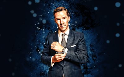 Benedict Cumberbatch, 4k, blue neon lights, english actor, movie stars, Hollywood, picture with Benedict Cumberbatch, english celebrity, Benedict Cumberbatch 4K