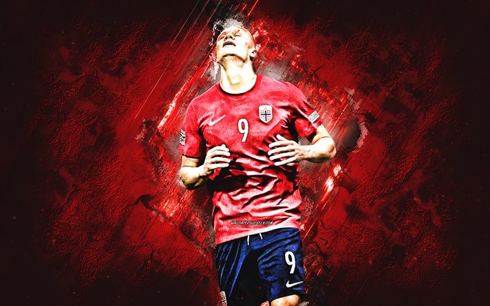 Erling Haaland, Norway national football team, red grunge background, football, Norwegian football player, Norway, Erling Braut Haaland