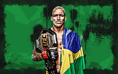 4k, Charles Oliveira, grunge art, UFC, brazilian fighters, creative, Ultimate Fighting Championship, green grunge background, Charles Oliveira with belt, Charles Oliveira da Silva, Do Bronx, Charles Oliveira with flag, fighters, Charles Oliveira 4K