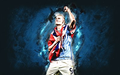 Erling Haaland, Manchester City FC, Flag of Norway, Champions League, Norwegian football player, blue stone background, football, Erling Braut Haaland