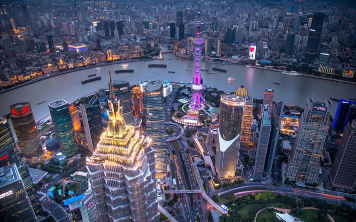 Hong Kong, gece şehir, gökdelenler, şehirler, Çin