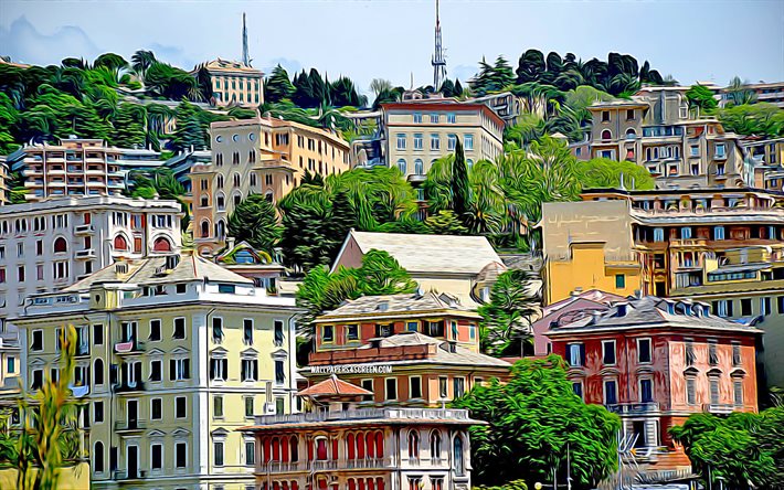 genova, 4k, vektorikuva, värikkäät rakennukset, italialaiset kaupungit, abstraktit kaupunkimaisemat, liguria, italia, eurooppa, luova, genovan kaupunkikuva