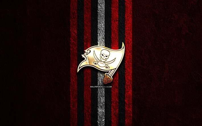 Tampa Bay Buccaneers golden logo, 4k, red stone background, NFL, american football team, Tampa Bay Buccaneers logo, american football, Tampa Bay Buccaneers