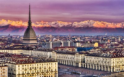 Turin, 4k, evening, sunset, National Museum of Cinema, Turin cityscape, mountain landscape, Turin panorama, Turin skyline, Italy