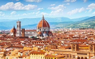 Florence, 4k, evening, sunset, Florence Cathedral, Cathedral of Saint Mary of the Flower, Florence panorama, Florence cityscape, cathedral, Tuscany, Italy