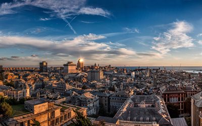 Genoa, sunset, skyline cityscapes, italian cities, evening, Liguria, Italy, Europe, Genoa in evening, Genoa cityscape