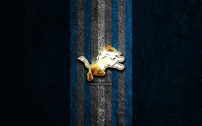 Detroit Lions golden logo, 4k, blue stone background, NFL, american football team, Detroit Lions logo, american football, Detroit Lions