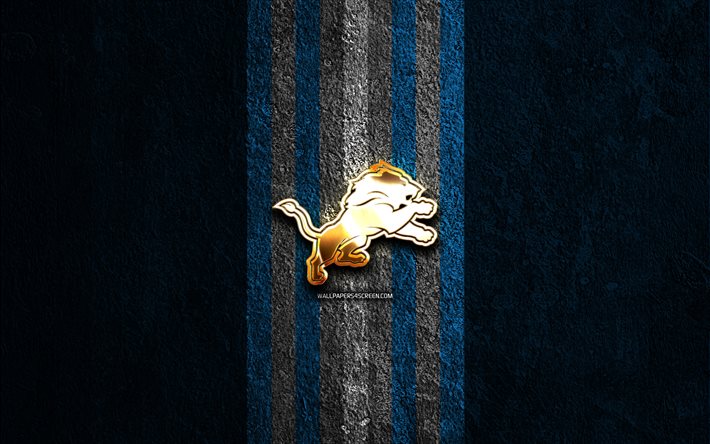 detroit lions gyllene logotyp, 4k, blå stenbakgrund, nfl, amerikanskt fotbollslag, detroit lions logotyp, amerikansk fotboll, detroit lions