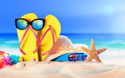 4k, accessoires de plage, plage, le sable, voyage d été, tourisme, étoile de mer, côte, chaussons de plage, chapeau de plage, îles tropicales, océan