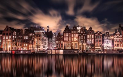 एम्स्टर्डम, रात का दृश्य, तटबंध, प्रतिबिंब, मकानों, डच शहर, नीदरलैंड, यूरोप, एम्स्टर्डम सिटीस्केप, रात में एम्स्टर्डम