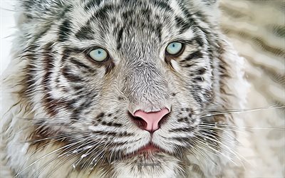 4k, vit tiger, vektorkonst, bengalisk tiger, rovdjur, tigrarteckningar, vit tiger med blå ögon, målade tigrar, vilda katter, tigrar