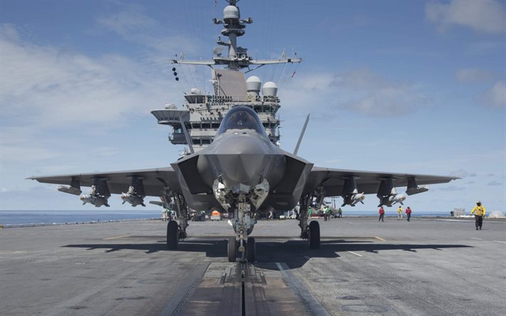Lockheed Martin F-35 Lightning II, aircraft carrier, deck, fighter, air combat