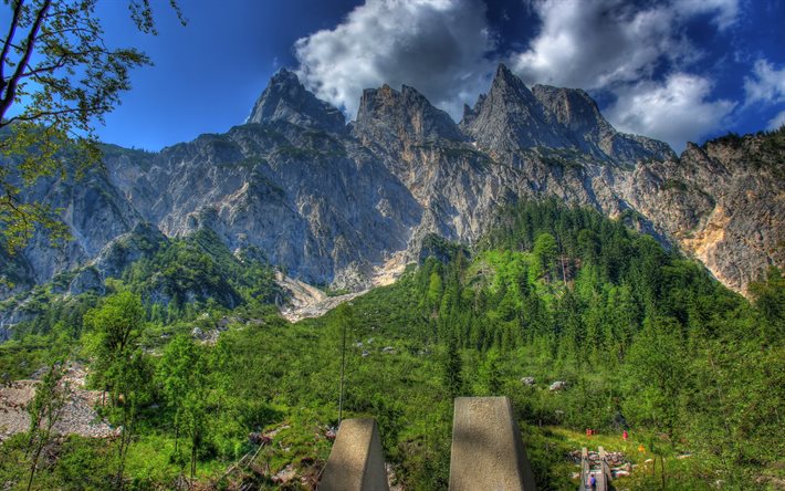 Germany, mountain, forest, cliff, Bavaria, HDR
