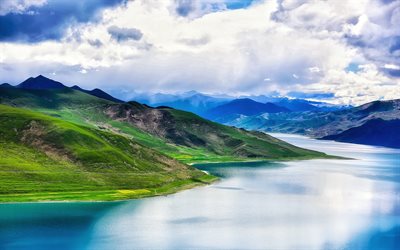 YamdrokTso Paradiso Lago, Tibet, montagna, estate, blu, lago, colline